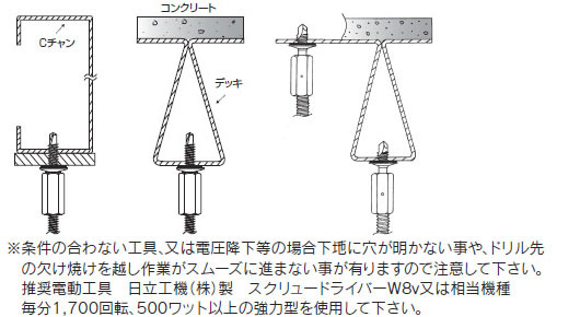 ドリルハンガー3014(W3/8-16)ボルト接続金具 施工例
